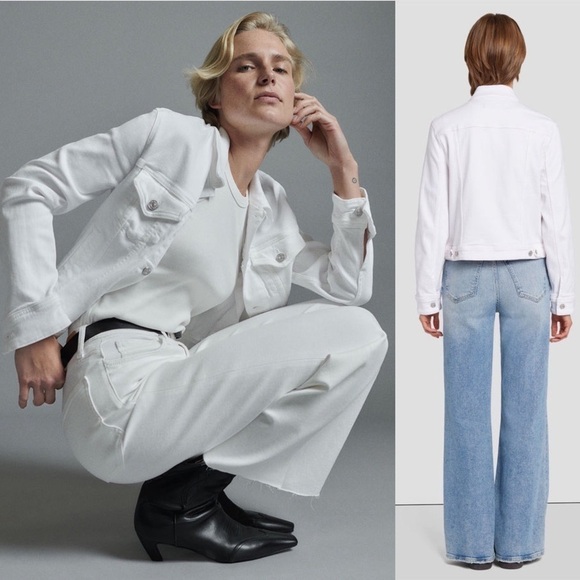 7 FOR ALL MANKIND 90s Luxe Ivory Stretch Denim Cropped Jean Trucker Jacket L - Picture 8 of 15